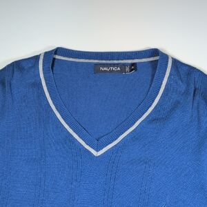 Nautica V-Neck Sweater in Blue with Light Gray Accents XL